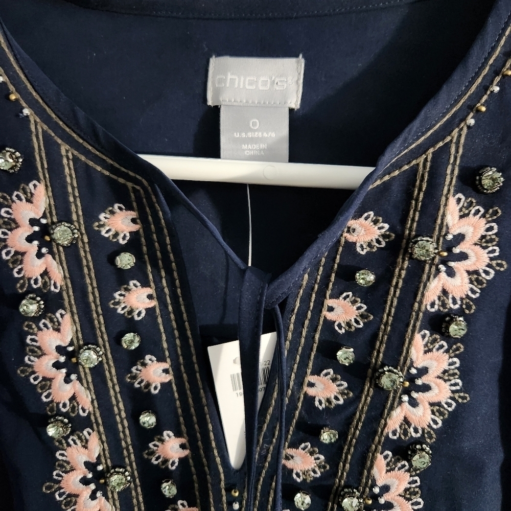 Chico's Embellished Midi Dress Jewel Neck Navy Pink - Picture 10 of 11